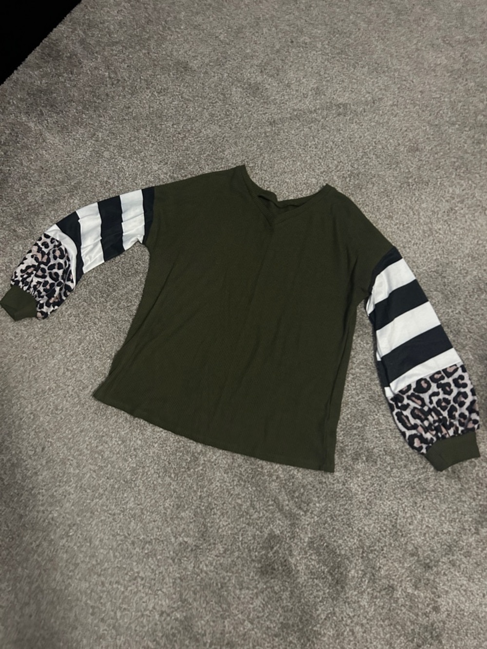 Olive Knit Top with Striped and Leopard Balloon Sleeves